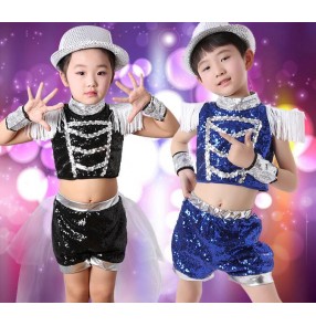 Black royal blue sequined tassels fringes boys girls child children jazz dance modern dance stage t show performance costumes